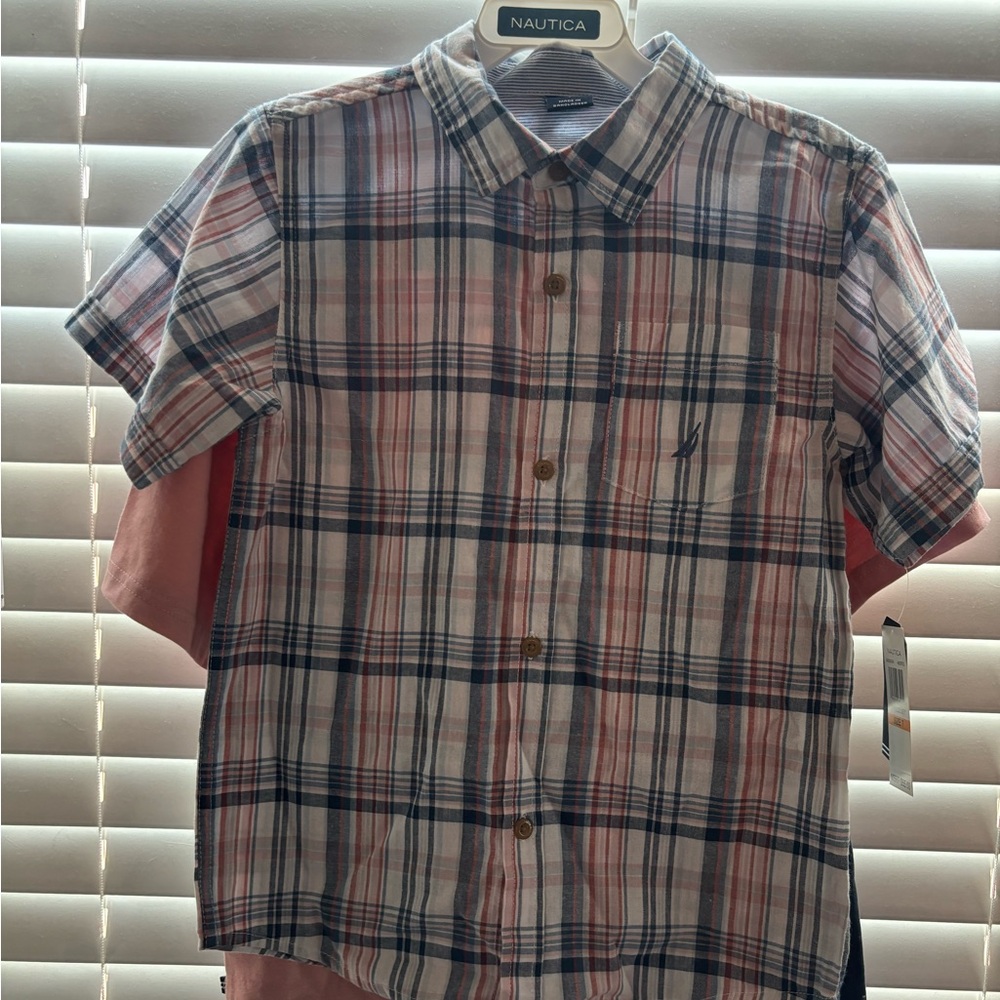New NAUTICA 3 piece set boys outfit sz 7 plaid dress shirt/t-shirt/shorts summer